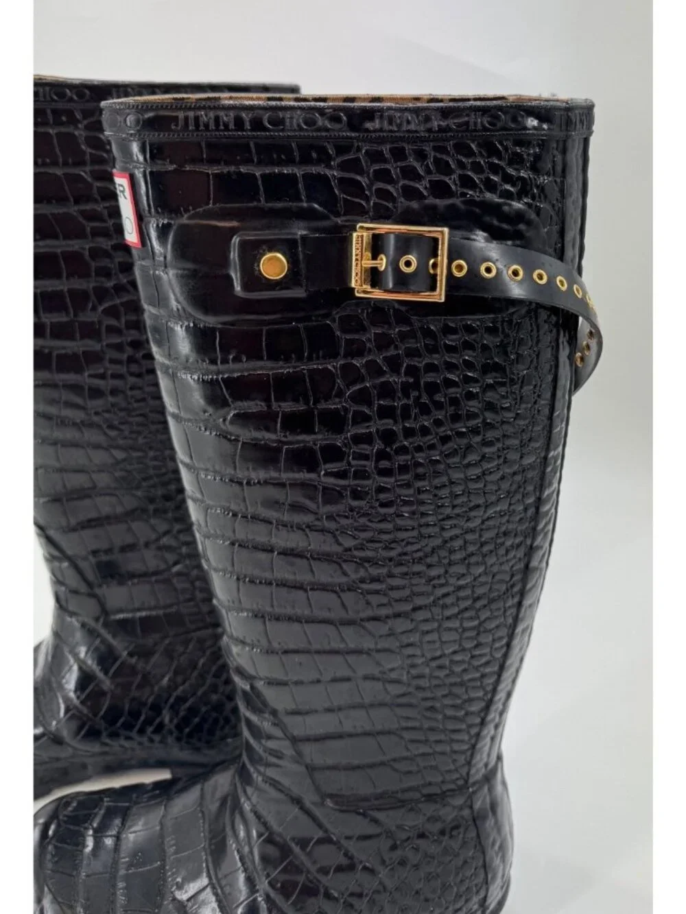 Jimmy Choo x Hunter Croc Embossed Tall Rain Boots Black Rubber Leopard Size  6
